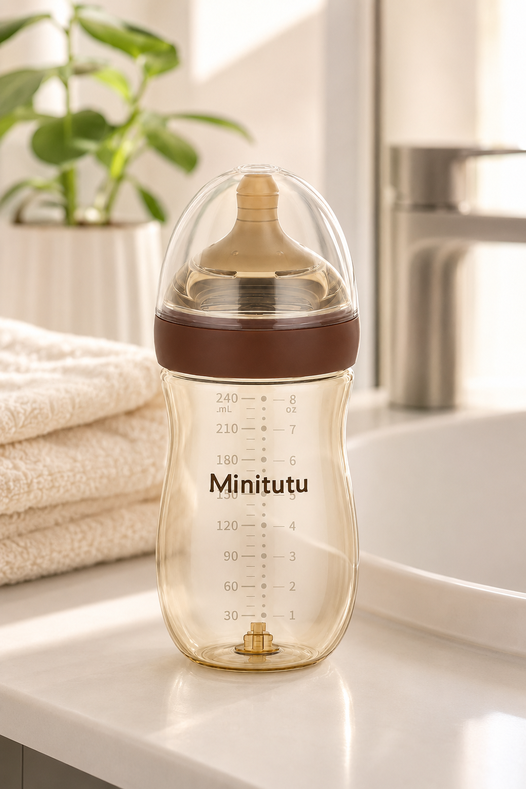 Minitutu Anti-Bloating PPSU Feeding Bottle 240ml – CB716, Brown, 6–10 Months